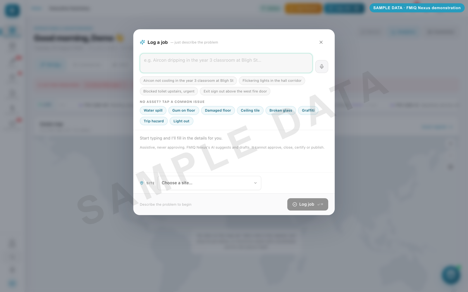 FMIQ Nexus screen: Report a job (sample data)