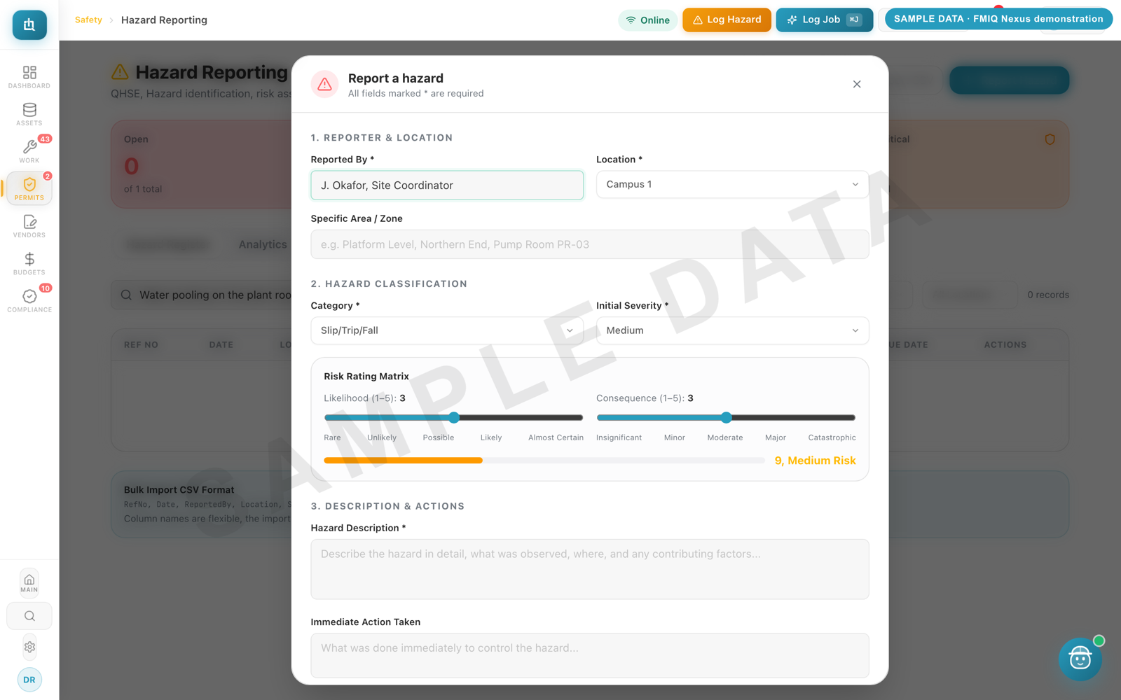 FMIQ Nexus screen: Raise a hazard (sample data)