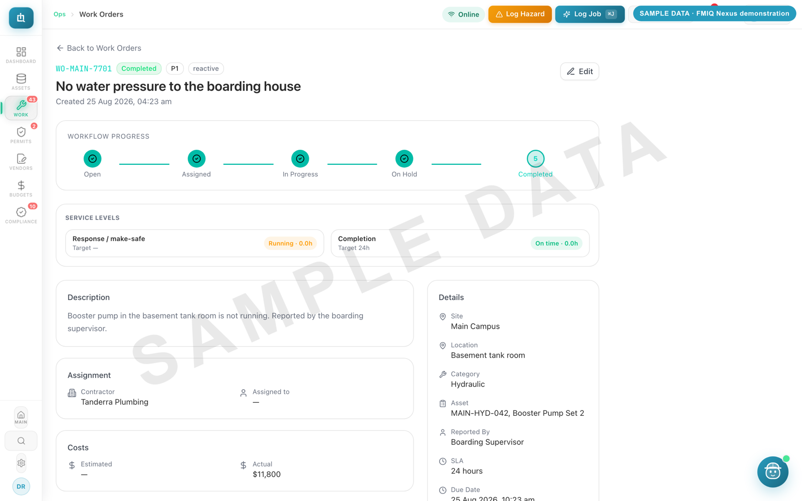 FMIQ Nexus screen: Work order (sample data)