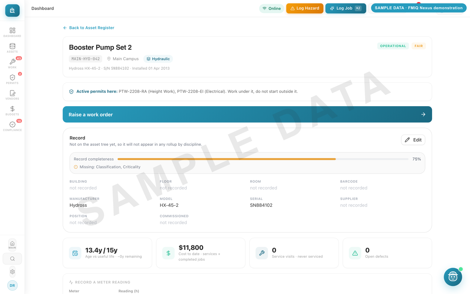 FMIQ Nexus screen: Asset record (sample data)